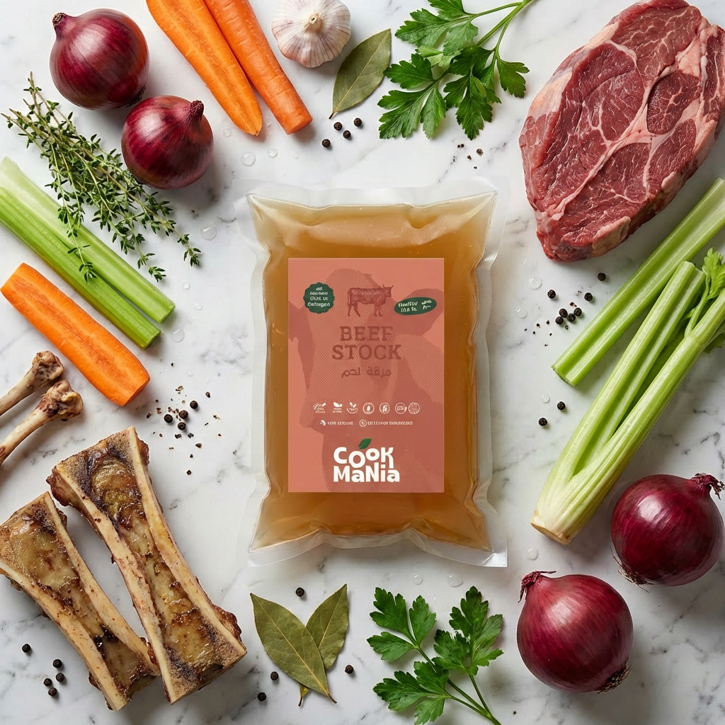 Nutritional facts of Cook Mania Beef Stock - Zero carb, high protein, and paleo-friendly frozen stock made in Egypt.