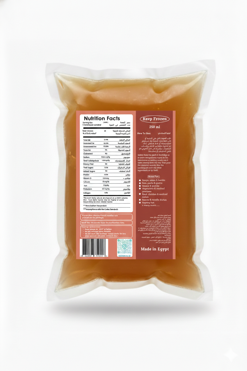 250ml family-size container of Cook Mania Frozen Beef Stock for cooking nutrient-dense stews and sauces.