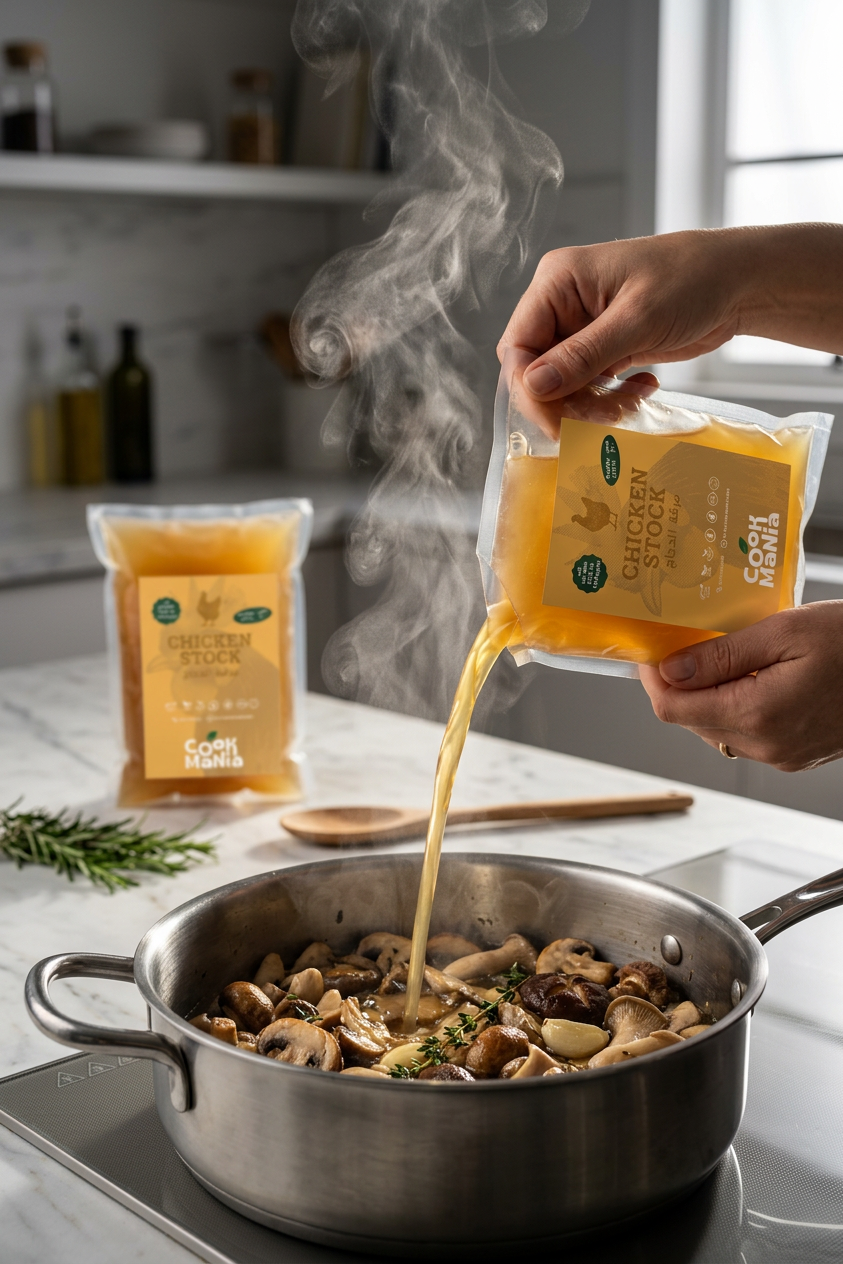 Creamy Mushrom Soup in Action with Cook Mania Chicken Stock being added